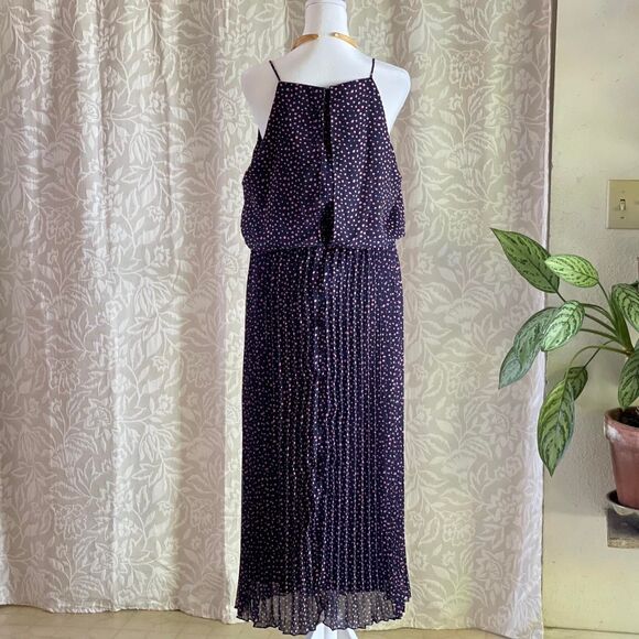 NWT Sam Edelman Chiffon Navy Blue & Pink Polka Dot Pleated Maxi Dress Size 12 - Picture 3 of 8